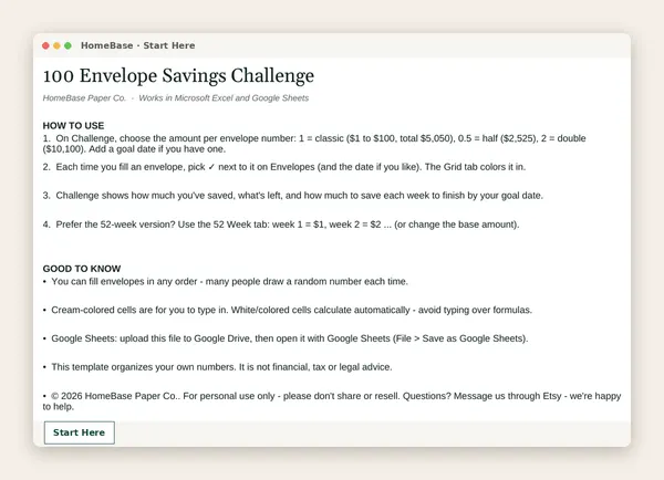 100 Envelope Savings Challenge: Spreadsheet tab: Start Here