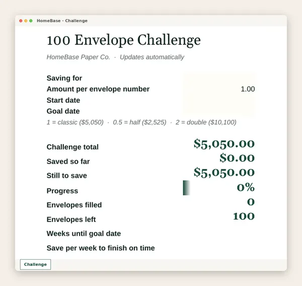 100 Envelope Savings Challenge: Spreadsheet tab: Challenge
