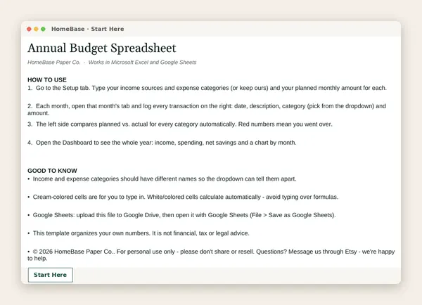 Ultimate Budget Bundle: Annual Budget Spreadsheet: Spreadsheet tab: Start Here