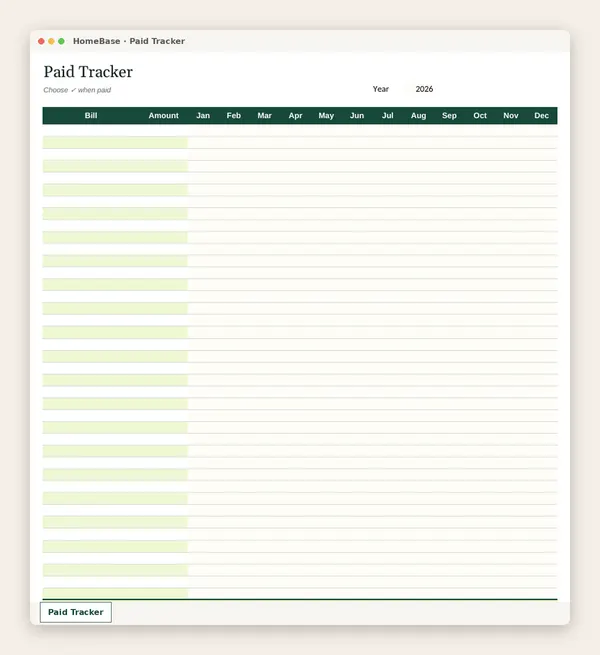 Bill Tracker Spreadsheet: Spreadsheet tab: Paid Tracker