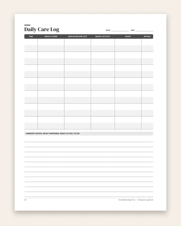 Caregiver Log Book (Paperback) – inside: Page 26 of 120