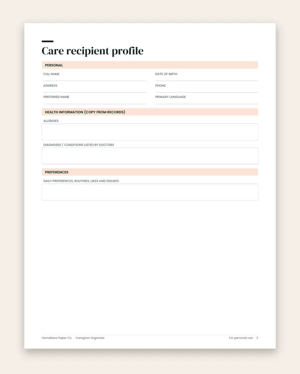 Family Peace of Mind Bundle: Caregiver Organizer: Page 3 of 12
