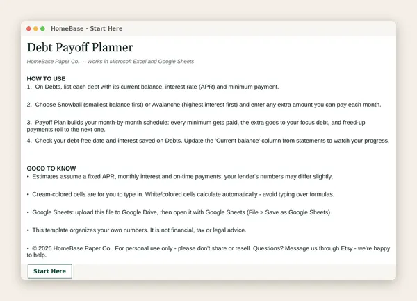 Debt Payoff Planner: Spreadsheet tab: Start Here