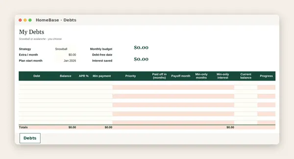 Debt Payoff Planner: Spreadsheet tab: Debts