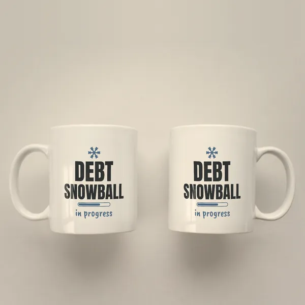 Two white 11 oz ceramic mugs printed with "Debt Snowball in Progress", handles left and right