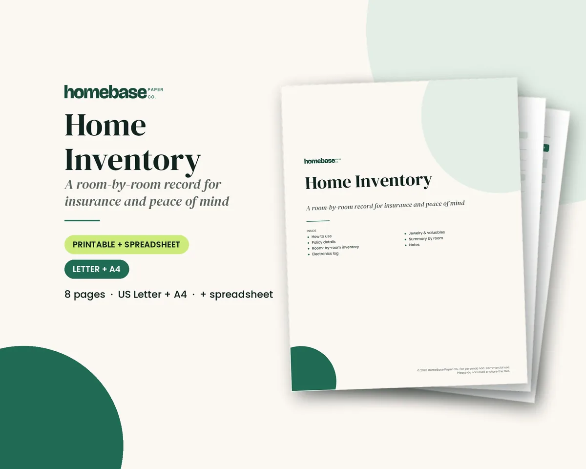Home Inventory printable and spreadsheet