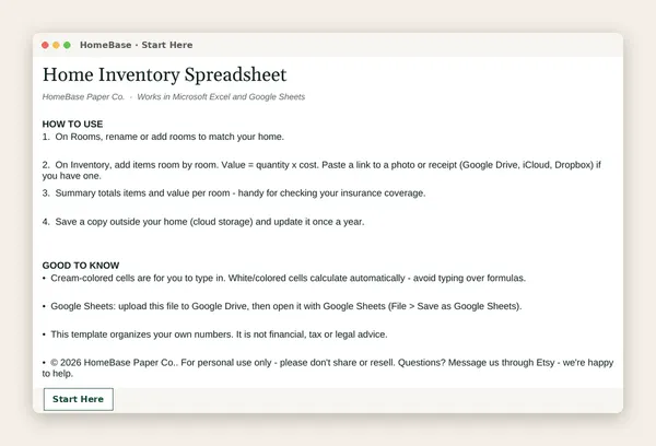 Home Inventory: Spreadsheet tab: Start Here