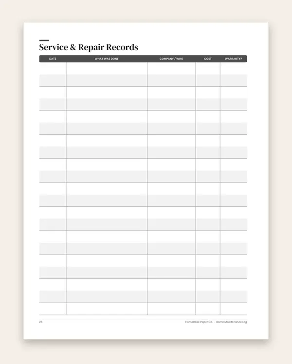 Home Maintenance Log (Paperback) – inside: Page 26 of 120