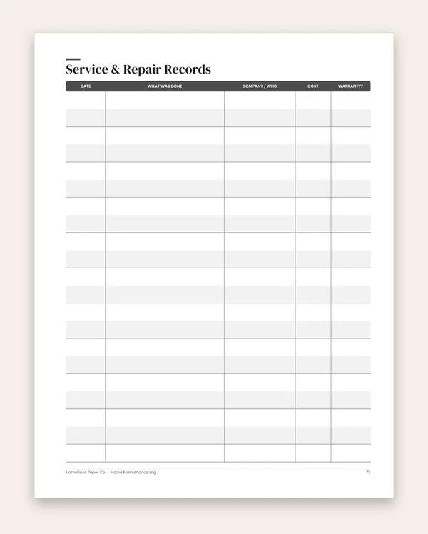 Home Maintenance Log (Paperback) – inside: Page 73 of 120