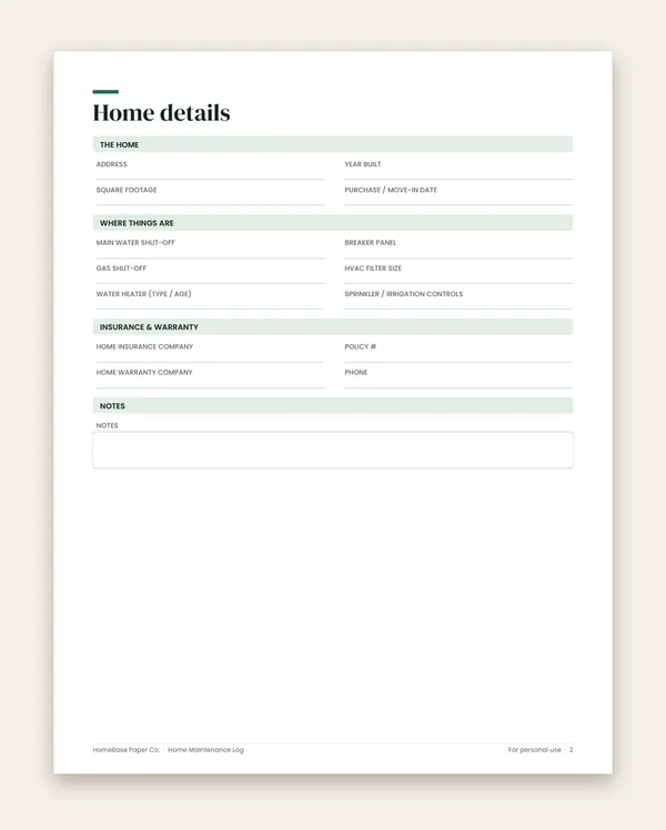 Home Maintenance Log: Page 2 of 11