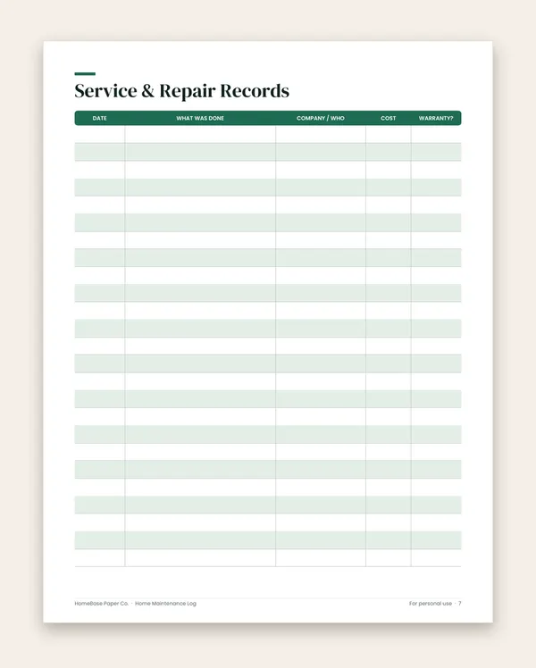 Home Maintenance Log: Page 7 of 11