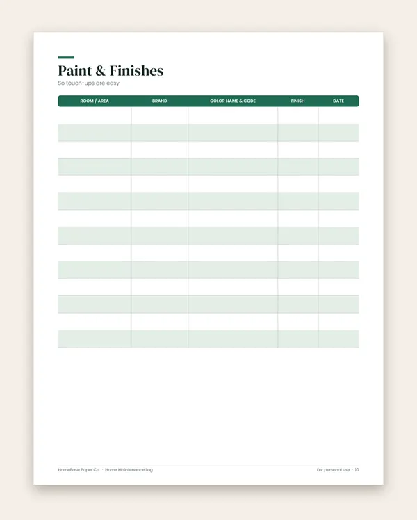 Home Maintenance Log: Page 10 of 11