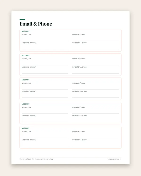 Password & Accounts Log: Page 3 of 15
