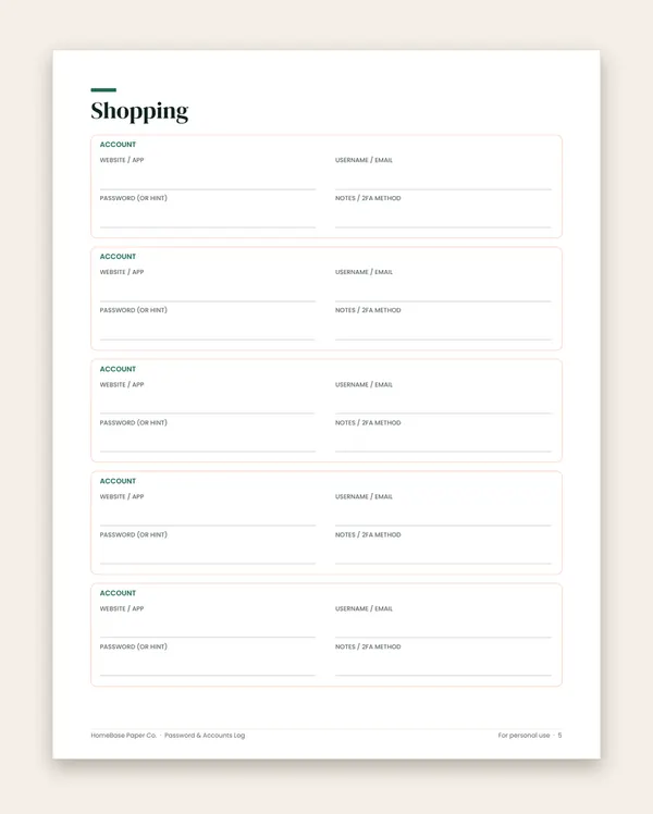 Password & Accounts Log: Page 5 of 15