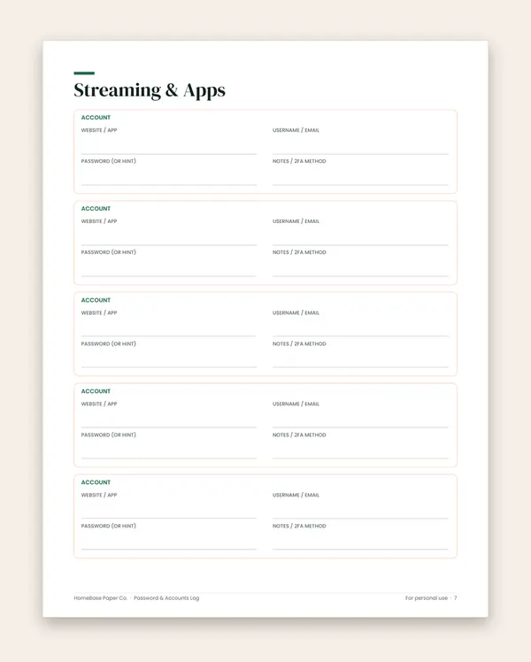 Password & Accounts Log: Page 7 of 15