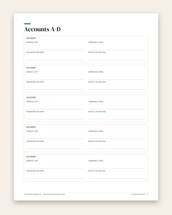 Password & Accounts Log: Page 9 of 15
