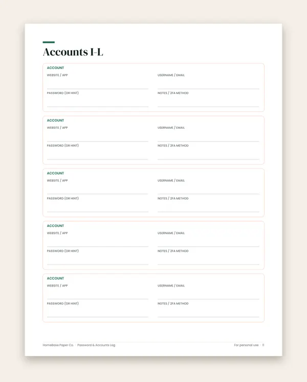 Password & Accounts Log: Page 11 of 15