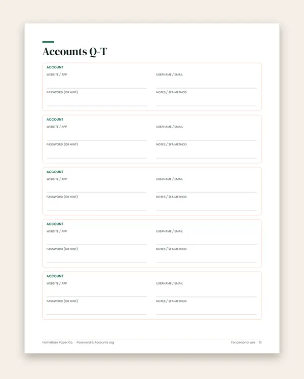 Password & Accounts Log: Page 13 of 15