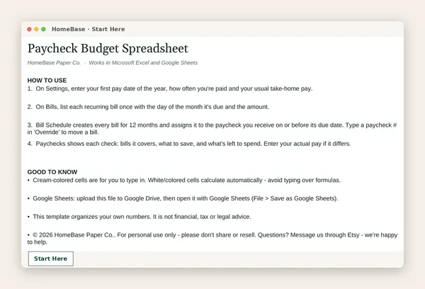 Ultimate Budget Bundle: Paycheck Budget Spreadsheet: Spreadsheet tab: Start Here
