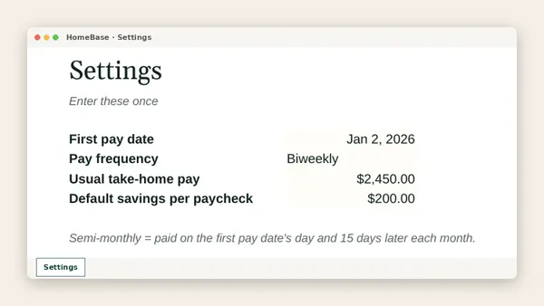 Paycheck Budget Spreadsheet: Spreadsheet tab: Settings