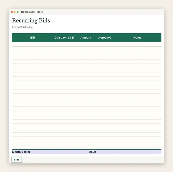 Paycheck Budget Spreadsheet: Spreadsheet tab: Bills
