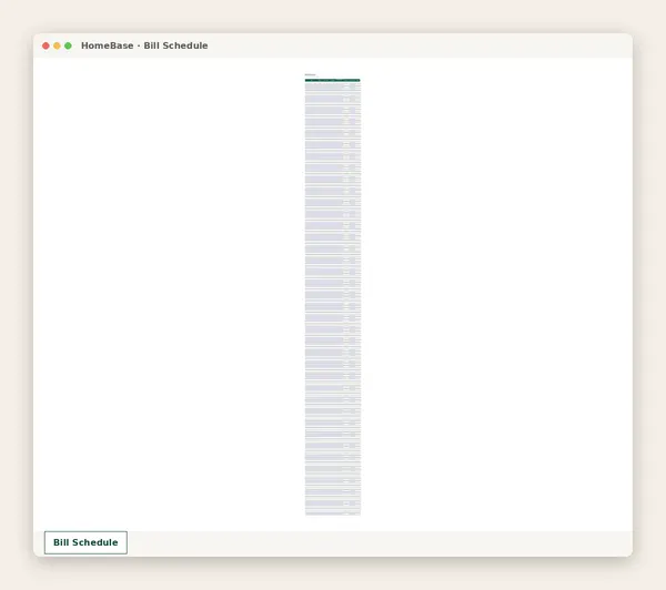 Paycheck Budget Spreadsheet: Spreadsheet tab: Bill Schedule