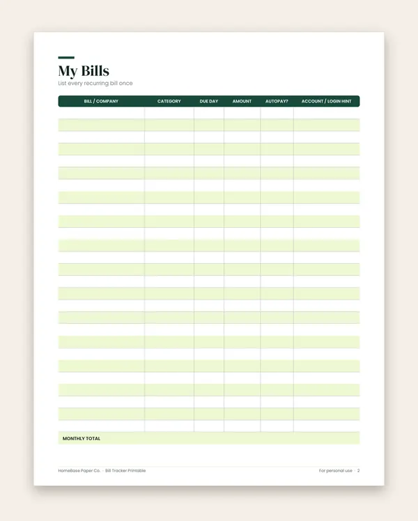Bill Tracker Printable: Page 2 of 7