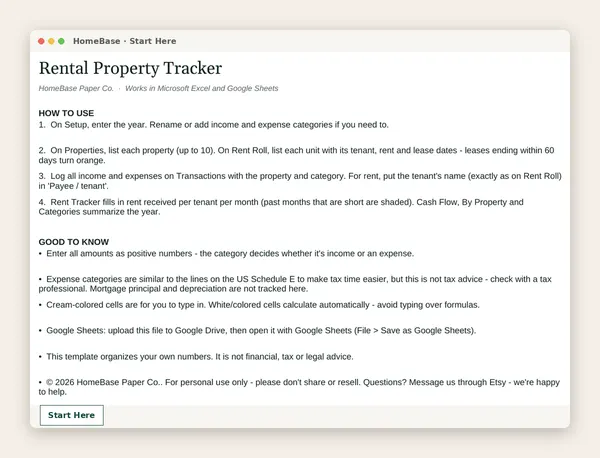 Rental Property Tracker: Spreadsheet tab: Start Here