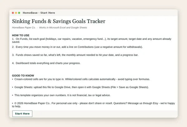 Ultimate Budget Bundle: Sinking Funds Tracker: Spreadsheet tab: Start Here