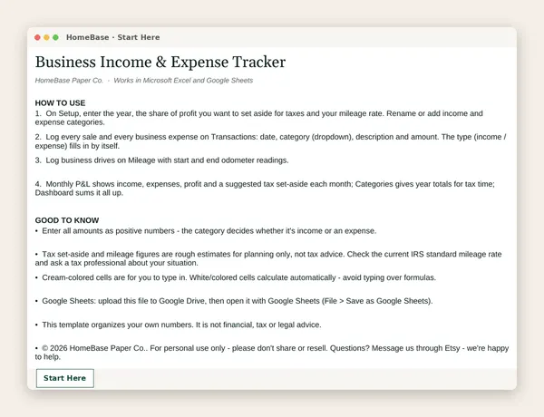 Business Income & Expense Tracker: Spreadsheet tab: Start Here