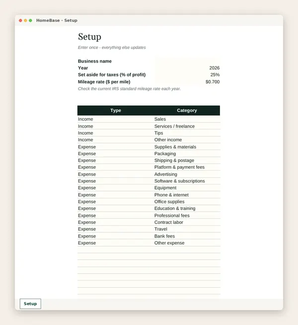 Business Income & Expense Tracker: Spreadsheet tab: Setup