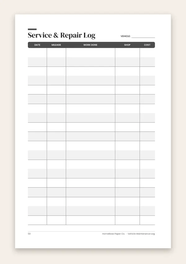 Vehicle Maintenance Log (Paperback) – inside: Page 50 of 120
