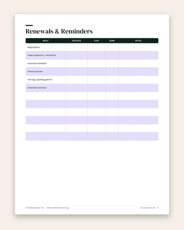 Vehicle Maintenance Log: Page 9 of 12