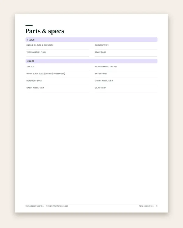 Vehicle Maintenance Log: Page 10 of 12