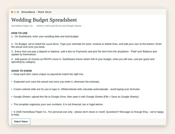 Wedding Budget Spreadsheet: Spreadsheet tab: Start Here