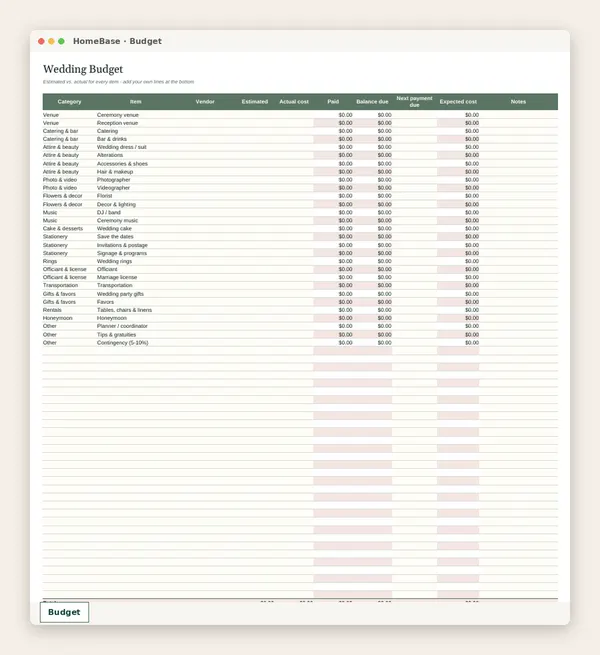 Wedding Budget Spreadsheet: Spreadsheet tab: Budget