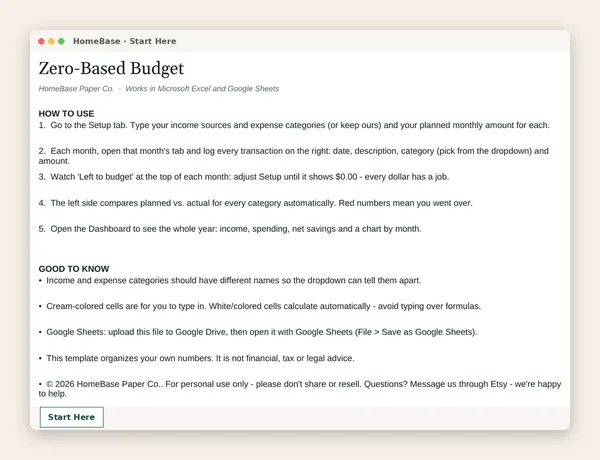 Ultimate Budget Bundle: Zero-Based Budget Spreadsheet: Spreadsheet tab: Start Here